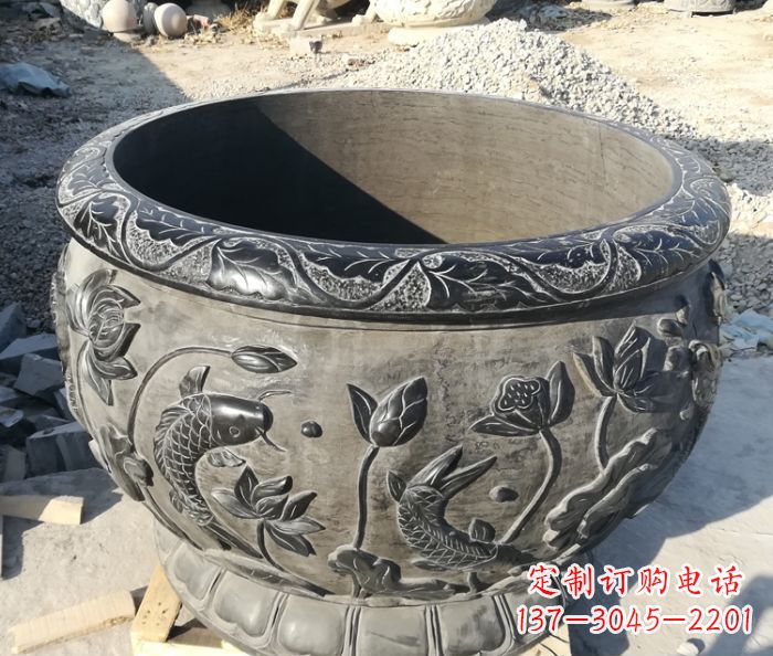 黑龙江青石仿古雕塑荷花水缸