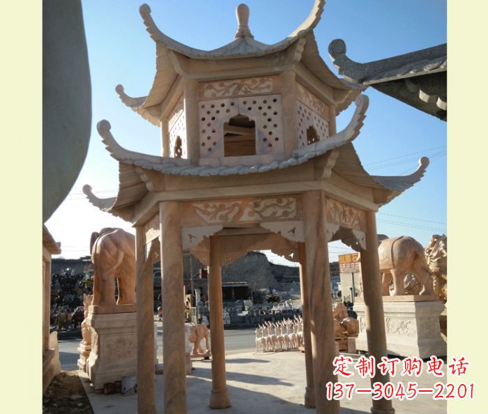 黑龙江公园晚霞红六角双层中式石雕凉亭