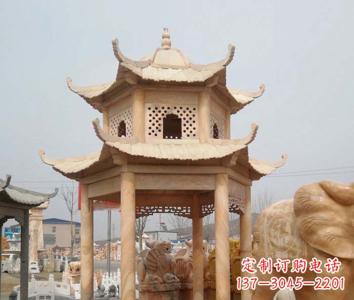 黑龙江公园晚霞红双层六角石雕凉亭 (2)