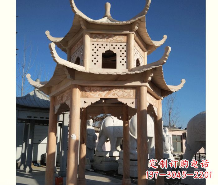 黑龙江晚霞红公园双层六角凉亭石雕 (2)